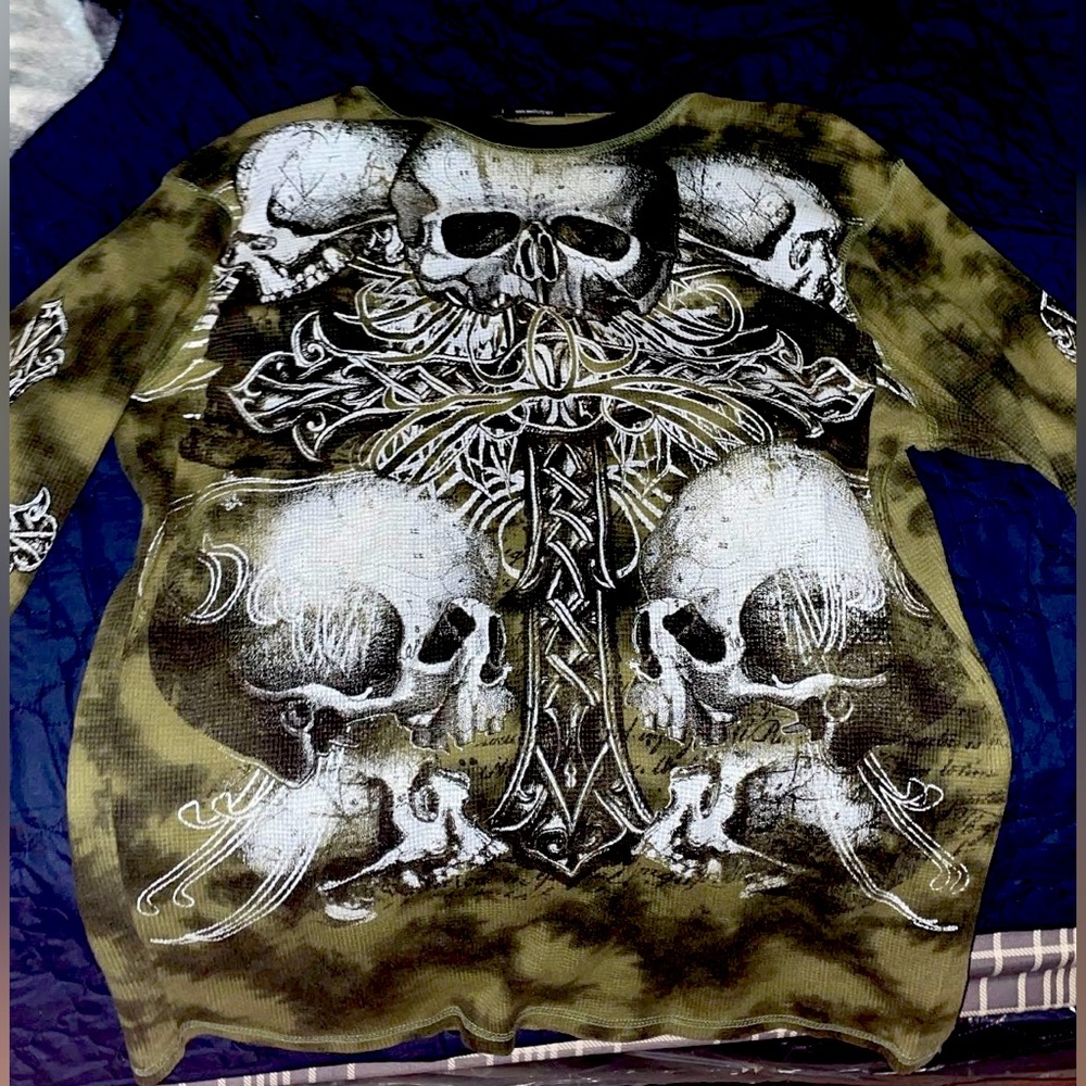 Vintage 2000s MMA Elite Skull And Cross Bones Waffle-Knit Thermal Long-Sleeve